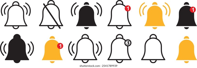 Attractive set of bell icons,Notification bell icon set. Incoming inbox message. New message notofication icons collection. Ringing bell and notification for clock and smartphone, alarm alert. Vector 