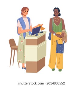 Attractive shop assistant sell clothes to young african woman isolated flat cartoon characters. Vector happy women customer and buyer in fashion showroom. Girl offering choice of trendy fashion cloth