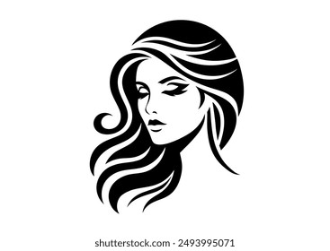 Attractive shy woman. Black and white contour vector illustration of portrait. Logotype, icon, sign, label, sticker, post card