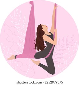 An attractive, slender girl is engaged in aerial yoga. Occupation on a hammock. Vector illustration.
