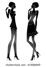 Attractive slender ladies in short dresses are talking and gesticulate, detailed hand drawing vector silhouettes
