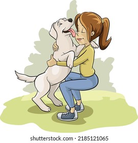 An attractive, slim girl, goes for a walk in the park with her dog, mommy, teens, girl, labrador, golden retriever