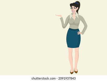 Attractive smiling businesswoman in light green confident polo and proper skirt, showing pointing something, or blank copy space for text. Business studio or poster advertising concept.