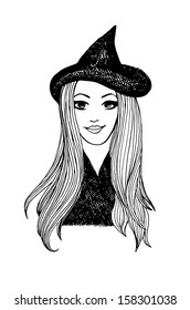 Attractive smiling witch. Halloween vector sketch