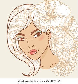 Attractive smiling young woman with floral hair and natural makeup