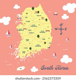 Attractive South Korea travel map illustration, all provinces and highlighting the capital city. A detailed print of South Korea, suitable for educational or decorative purposes