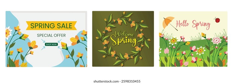 Attractive spring promotion banner with bright  flowersVibrant spring-themed design with colorful flowers. Spring Flourishing concept. Set flat vector illustration.