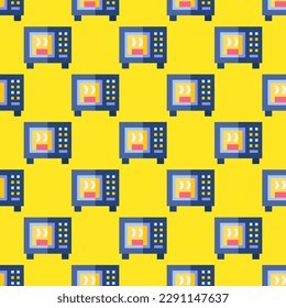 Attractive square tile with a cheerful food picture. Seamless pattern with microwave on dark turquoise background. Design for a medallion print.