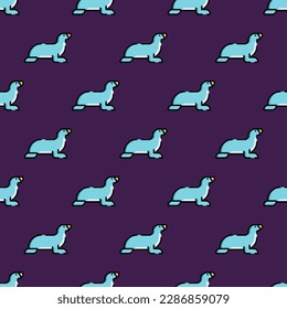 Attractive square tile with a vivid animal etching. Seamless pattern with sea lion on persian indigo background. Design for a business card with an animal illustration.