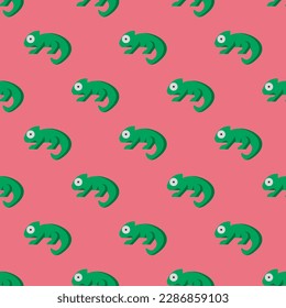 Attractive square tile with a vivid animal etching. Seamless pattern with chameleon on blush background. Design for a mug with an animal pattern.