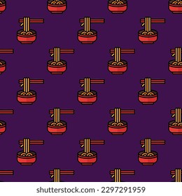 Attractive square tile with a vivid food etching. Seamless pattern with ramen on pale violet-red background. Design for websites to make them look professional.