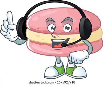 An attractive strawberry macarons mascot character concept wearing headphone