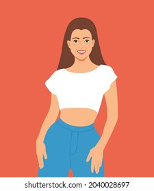 Attractive stylish model girl in jeans and white top t-shirt flat style vector illustration, Smiling happy girl posing isolated on background fashion portrait of trendy pretty girl in casual style