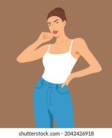 Attractive stylish model girl in jeans and white top t-shirt flat style vector illustration, Smiling happy girl posing isolated on background fashion portrait of trendy pretty girl in casual style