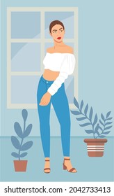 Attractive stylish model girl in jeans and white top t-shirt posing on home background flat vector illustration, Full body fashion portrait trendy influencer girl posing for social media pretty model