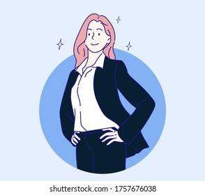 Attractive successful business woman dressed in stylish black suit. Confident businesswoman concept.
Hand drawn in thin line style, vector illustrations.