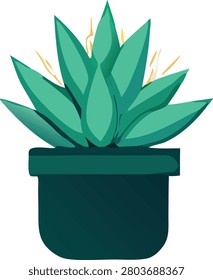 Attractive succulent plant featuring vibrant green pointed leaves and yellow blooms inside dark green pot. Elegant indoor greenery vector illustration for home decor.