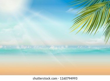 Attractive summer resort with palm leaves and vast ocean in 3d illustration