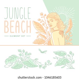Attractive tan young woman with long flowing hair glowing in the sunset on a cool green jungle plant background with several isolated botanical design elements. Modern flat color outline illustration.