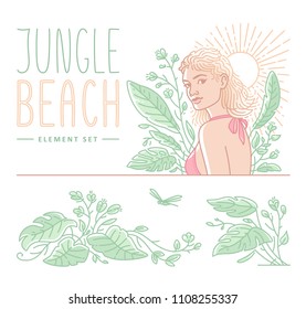 Attractive tan young woman with long flowing hair glowing in sunlight on a lush green jungle plant background with several isolated botanical design elements. Modern flat color outline illustration.