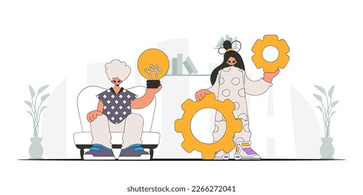 Attractive team solves problems and generates ideas. Light bulb and gears in their hands. Idea theme. Retro trendy style.