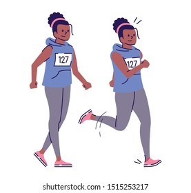 Attractive trained african american woman flat vector illustration. Standing, running girl. Female marathon runner, jogger isolated cartoon character with outline elements on white background
