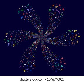 Attractive Trident Fork rotation bang on a dark background. Vector abstraction. Suggestive flower done from random trident fork items.