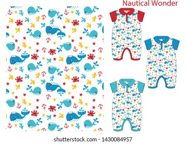 An Attractive Under the sea theme repeated pattern for baby rompers. 