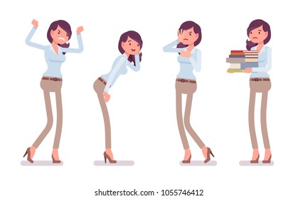 Attractive unhappy young woman in buttoned up shirt and camel skinny chino trousers, negative emotions. Business stylish workwear trend and office city fashion. Vector flat style cartoon illustration