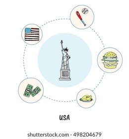 Attractive USA. Statue of Liberty colored doodle surrounded turkey, hamburger, baseball, flag, dollars hand drawn vector icons. American cultural, political, sports, culinary symbols. Travel in U.S.