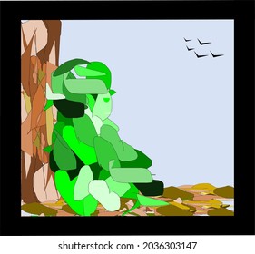 Attractive vector art of green man sitting under the tree. The art consist of different shapes with beautiful color combination. There are birds fly on the blue sky.