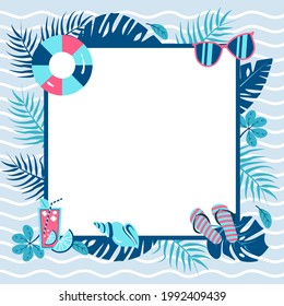 Attractive Vector frame with beach accessories in bright color with space for text. Vector illustration.
