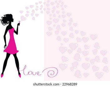 Attractive vector girl with Valentine's soap bubbles