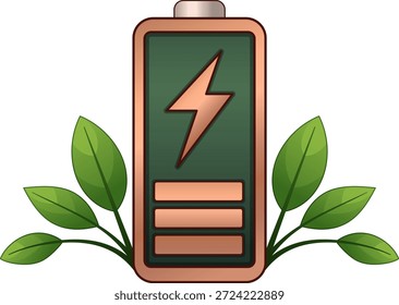 Attraktive Vektorgrafik eines klassischen Batteriesymbols, gefüllt mit leuchtend grüner Farbe, mit einem kräftigen Kupferblitzbolzen, der die Kraft symbolisiert, umgeben von frischen grünen Blättern, die von den Seiten aufkeimen. Repräsentiert erneuerbare Energien, nachhaltige Energiequellen, grüne Technologie, umweltfreundliches Laden und ökologische Vitalität. Ideal für grüne Energiekampagnen, nachhaltiges technisches Branding, visuelle Bilder zu erneuerbarer Elektrizität, Öko-Innovationsmaterialien, Klimaschutzplakate, Sensibilisierung für Batterierecycling, ESG-Berichte, Umwelt-Apps und moderne, naturnahe Designprojekte.