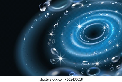 Atractivos efectos de remolino, luces azules brillantes con gotas de agua aisladas sobre fondo transparente en 3d ilustración