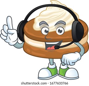 An attractive white cream alfajor mascot character concept wearing headphone