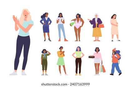 Attractive woman cartoon characters of different age, hobby recreation, social and job occupation