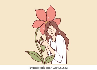 Attractive woman closing eyes touches giant flower enjoying natural beauty and pleasant smell. Girl near blossom symbolizes use of cosmetics without addition of chemistry. Flat vector illustration