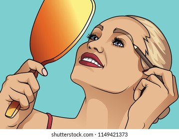 Attractive woman doing make-up on face. 