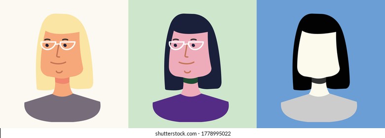 Attractive woman in glasses. Colored pack and silhouette. Avatar. Vector Flat Illustration.
