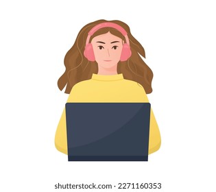 attractive woman with headphone and laptop, listening music, online call center, customer service, remote work and education- vector illustration