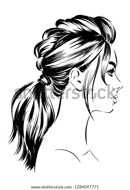 Attractive Woman High Ponytail Hairstyles Stock Vector