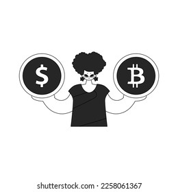 An attractive woman is holding a bitcoin and dollar coin. Newspaper black and white style.