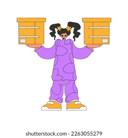 An attractive woman is holding boxes. The essence of delivering packages and freight.