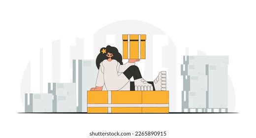 An attractive woman is holding boxes. A graphic representation of the dispatch of consignments and cargo