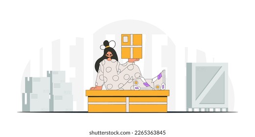 An attractive woman is holding boxes in her hands. A visual representation of the shipment of deliveries and freight