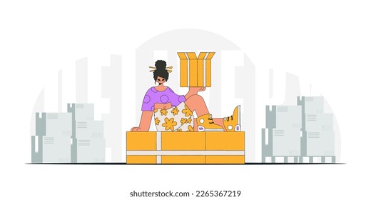 An attractive woman is holding boxes in her hands. A painting depicting the distribution of packages and shipment of cargo.