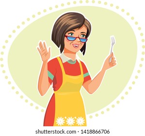 Attractive woman holding fork.  Vector illustration. 