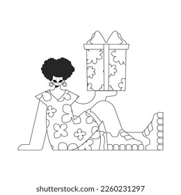 An attractive woman is holding a gift box. Newspaper style character.