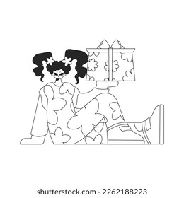An attractive woman is holding a gift in her hands. Linear style character.